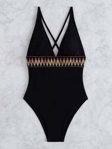 SHEIN Swim Geo Tape Plunging One Piece Swimsuit Summer - Black - View 3