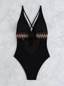 SHEIN Swim Geo Tape Plunging One Piece Swimsuit Summer - Black - View 4