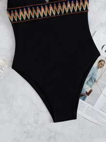 SHEIN Swim Geo Tape Plunging One Piece Swimsuit Summer - Black - View 5