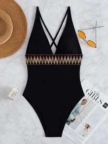 SHEIN Swim Geo Tape Plunging One Piece Swimsuit Summer - Black - View 6