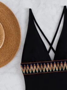 SHEIN Swim Geo Tape Plunging One Piece Swimsuit Summer - Black - View 7