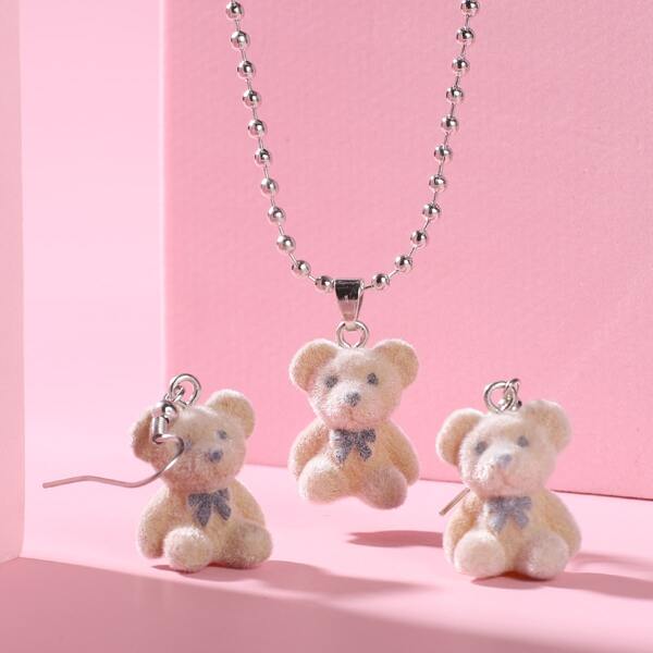 

3pcs Girls Bear Decor Jewelry Set, Khaki