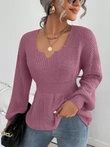SHEIN Unity Notched Neck Bishop Sleeve Ribbed Knit Jumper - Mauve Purple - View 1