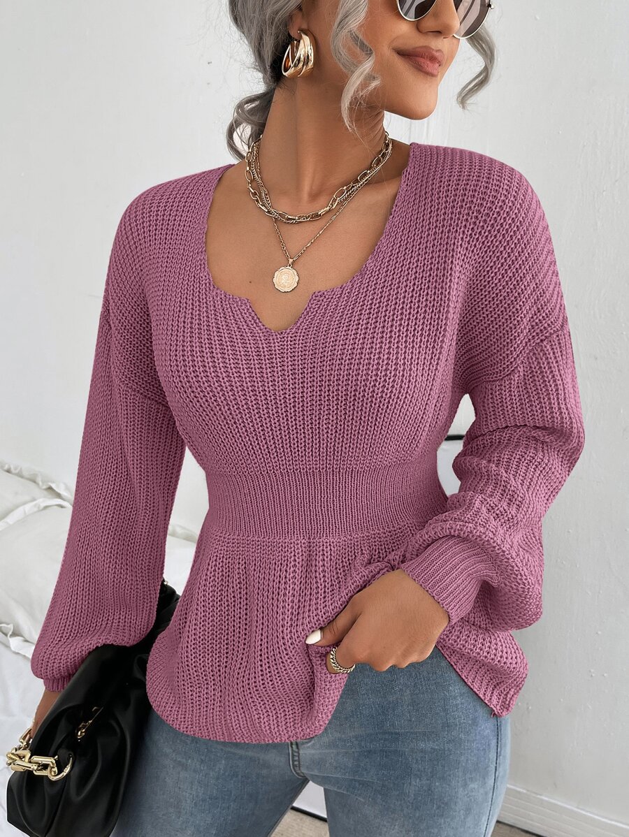 SHEIN Unity Notched Neck Bishop Sleeve Ribbed Knit Jumper - Mauve Purple - View 1