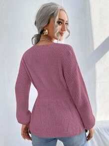 SHEIN Unity Notched Neck Bishop Sleeve Ribbed Knit Jumper - Mauve Purple - View 2