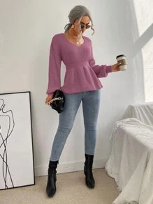 SHEIN Unity Notched Neck Bishop Sleeve Ribbed Knit Jumper - Mauve Purple - View 3