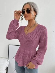 SHEIN Unity Notched Neck Bishop Sleeve Ribbed Knit Jumper - Mauve Purple - View 4