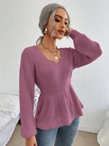 SHEIN Unity Notched Neck Bishop Sleeve Ribbed Knit Jumper - Mauve Purple - View 5