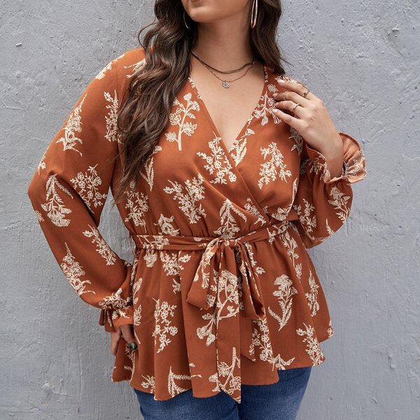 

Plus Floral Print Surplice Neck Belted Blouse, Multicolor