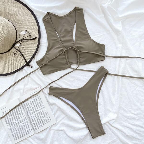 

Tie Back High Cut Bikini Swimsuit, Mocha brown