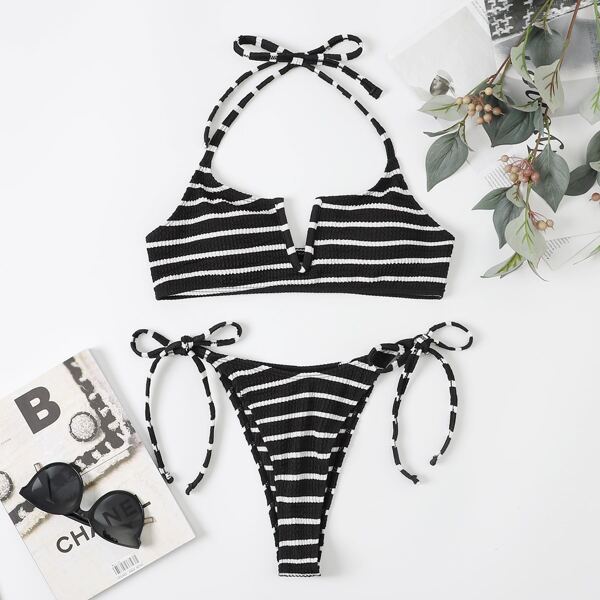

Striped V Wired Halter Bikini Swimsuit, Black and white
