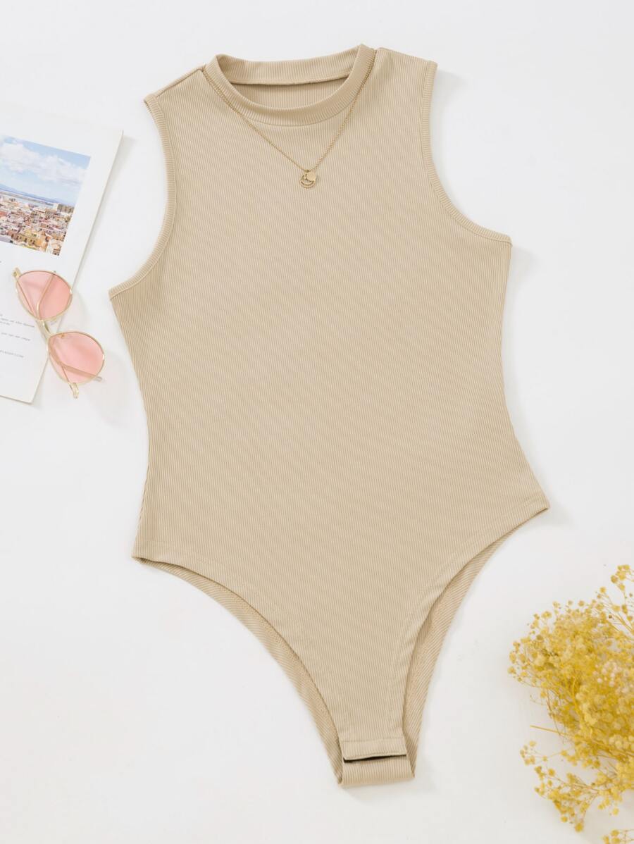SHEIN LUNE Solid Color Sleeveless Ribbed Bodysuit Perfect For Summer Beach Wear - Khaki - View 1