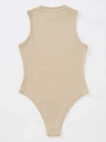 SHEIN LUNE Solid Color Sleeveless Ribbed Bodysuit Perfect For Summer Beach Wear - Khaki - View 2
