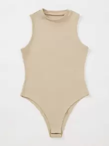 SHEIN LUNE Solid Color Sleeveless Ribbed Bodysuit Perfect For Summer Beach Wear - Khaki - View 3