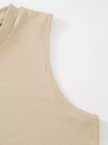 SHEIN LUNE Solid Color Sleeveless Ribbed Bodysuit Perfect For Summer Beach Wear - Khaki - View 5