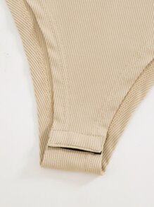 SHEIN LUNE Solid Color Sleeveless Ribbed Bodysuit Perfect For Summer Beach Wear - Khaki - View 6