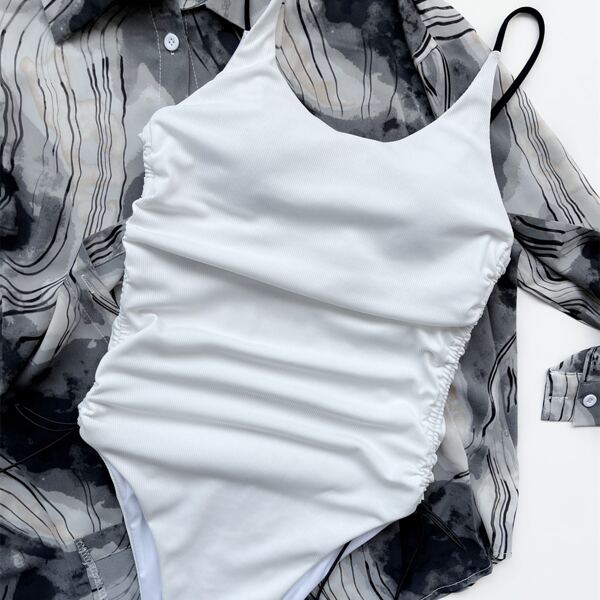 

Rib Drawstring Side One Piece Swimsuit, White