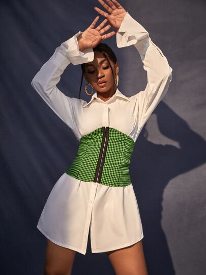 Drop Shoulder Shirt Dress & Houndstooth Print Hook and Eye Corset