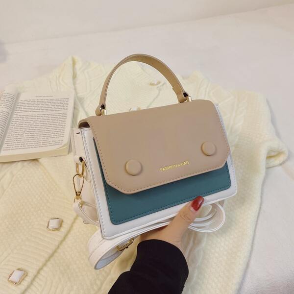 

Colorblock Flap Satchel Bag, Khaki