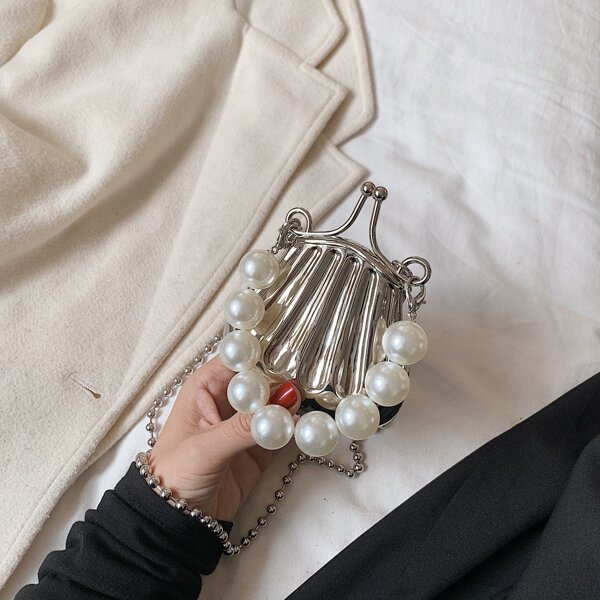 

Faux Pearl Kiss Lock Satchel Bag, Silver