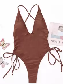 Solid Drawstring One Piece Swimsuit - Rust Brown - View 5