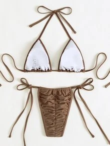Bikini buộc dây hở lưng nhún bèo, cho kỳ nghỉ hè ở bãi biển - Cà phê nâu - Xem 2
