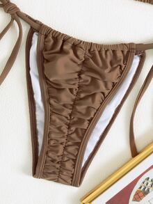 Bikini buộc dây hở lưng nhún bèo, cho kỳ nghỉ hè ở bãi biển - Cà phê nâu - Xem 3