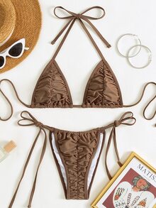 Bikini buộc dây hở lưng nhún bèo, cho kỳ nghỉ hè ở bãi biển - Cà phê nâu - Xem 4
