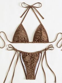 Bikini buộc dây hở lưng nhún bèo, cho kỳ nghỉ hè ở bãi biển - Cà phê nâu - Xem 5