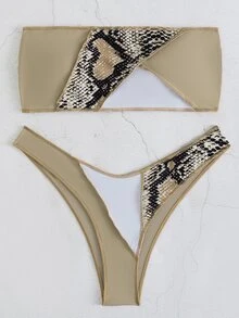 Snakeskin Print Bandeau Bikini, For Summer Beach Vacation - Multicolor - View 4