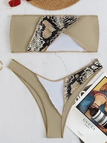 Snakeskin Print Bandeau Bikini, For Summer Beach Vacation - Multicolor - View 5