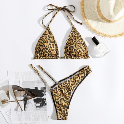 Leopard Halter Bikini Swimsuit