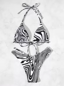 SHEIN Swim Bãi Biển Mùa Hè Sọc Ngựa Vằn Bikini Bộ Dây Áo Ngực Tam Giác & Cutout Eo Cao Cắt Đáy 2 Miếng Bikini - màu đen - Xem 2