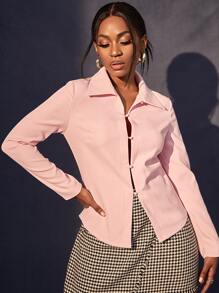 Solid Button Front Shirt - Baby Pink - View 1