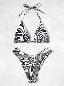SHEIN Swim Bãi Biển Mùa Hè Sọc Ngựa Vằn Bikini Bộ Dây Áo Ngực Tam Giác & Cutout Eo Cao Cắt Đáy 2 Miếng Bikini - màu đen - Xem 4