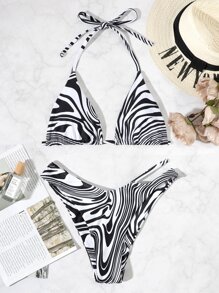 SHEIN Swim Bãi Biển Mùa Hè Sọc Ngựa Vằn Bikini Bộ Dây Áo Ngực Tam Giác & Cutout Eo Cao Cắt Đáy 2 Miếng Bikini - màu đen - Xem 6