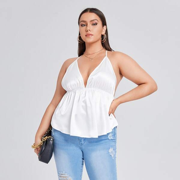

Plus Solid Crisscross Backless Cami Top, White