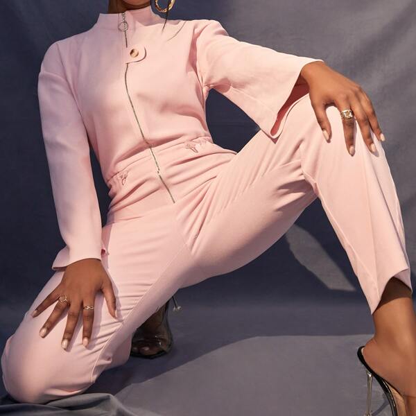 

Zip Up Drawstring Waist Jumpsuit, Baby pink