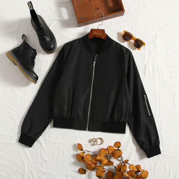 

Zip Up Bomber Jacket, Black