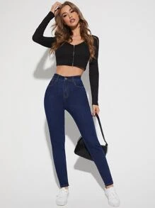 SHEIN Frenchy Quần jean ôm Túi xéo - Rửa tối - Xem 4