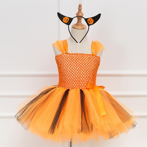 

Toddler Girls Pumpkin Pattern Halloween Costume Mesh Gown Dress With Headband, Orange