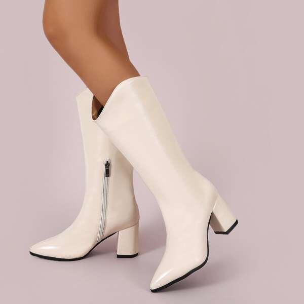 

Point Toe Chunky Mid Calf Boots, Beige