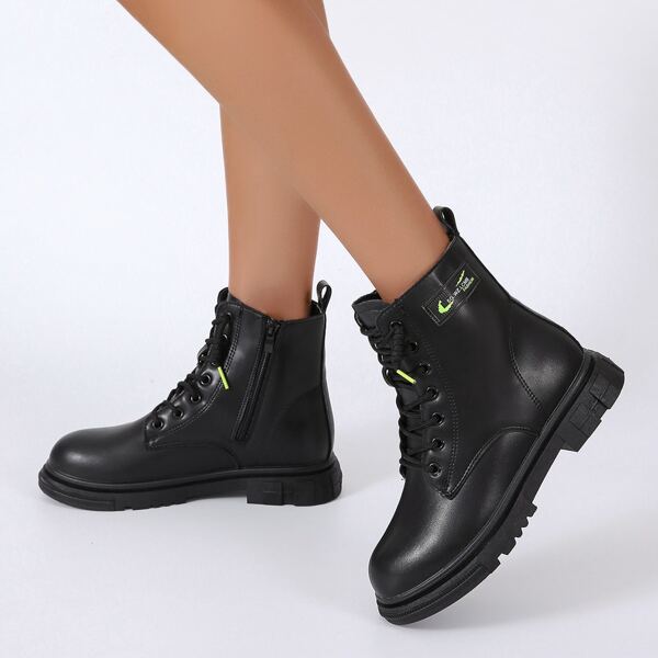 

Patch Decor Lace-up Combat Boots, Black