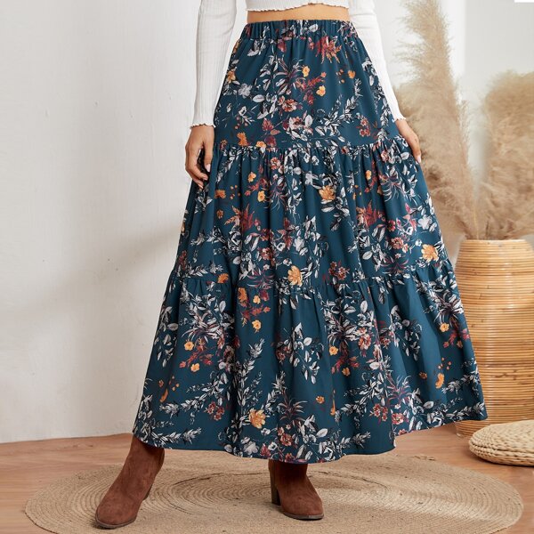 

High Waist Floral Print Ruffle Hem Skirt, Multicolor