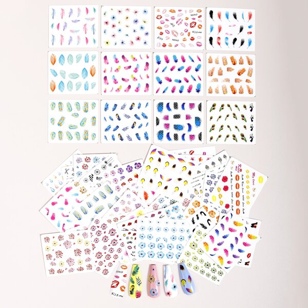 

48sheets Feather & Floral Pattern Nail Art Sticker, Multicolor