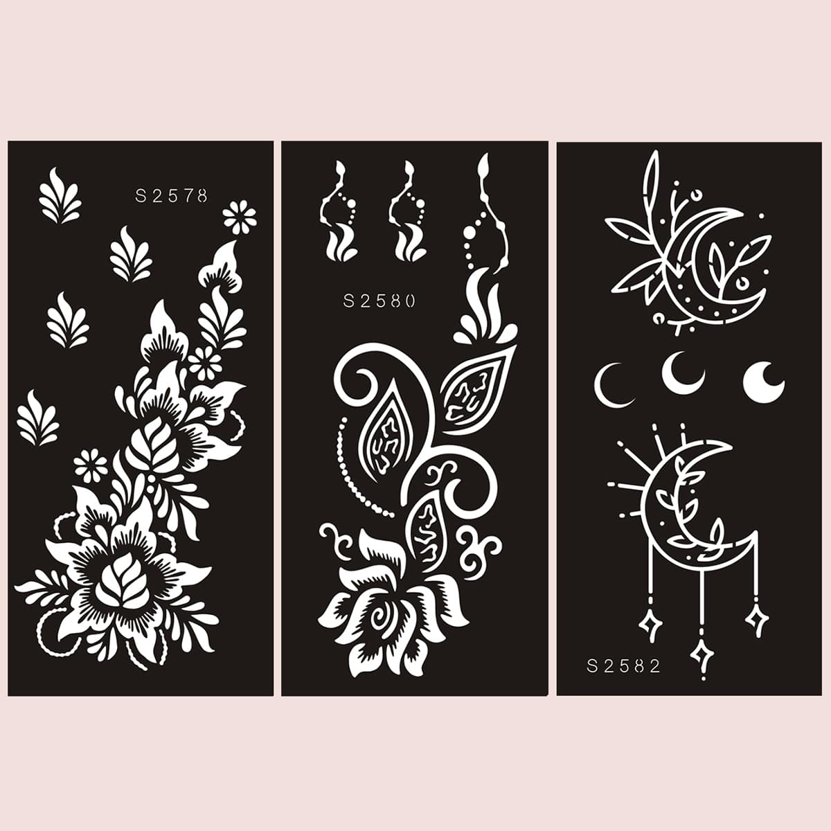 

3pcs Flower & Moon Pattern Tattoo Stencil, Black