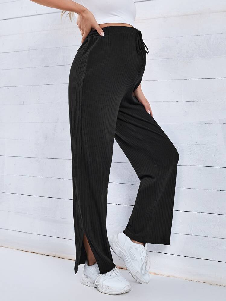 SHEIN Maternity Drawstring Split Hem Pants - Black - View 1