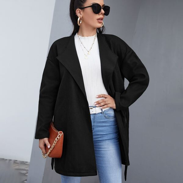 

Drop Shoulder Open Front Belted Overcoat, Black