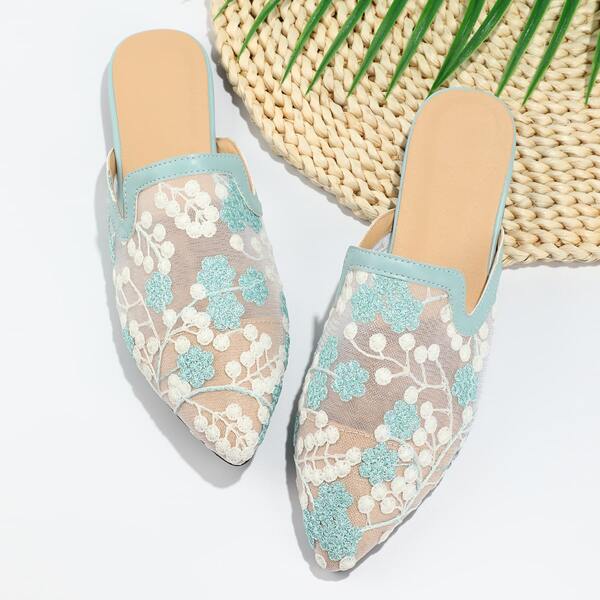 

Embroidery Detail Flat Mules, Baby blue