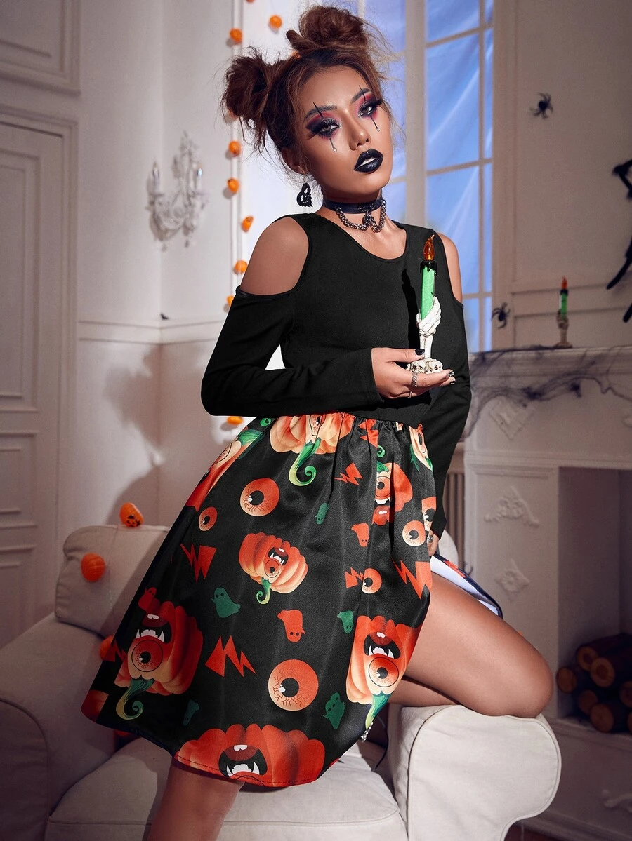Halloween Print Cold Shoulder Dress - Multicolor - View 1